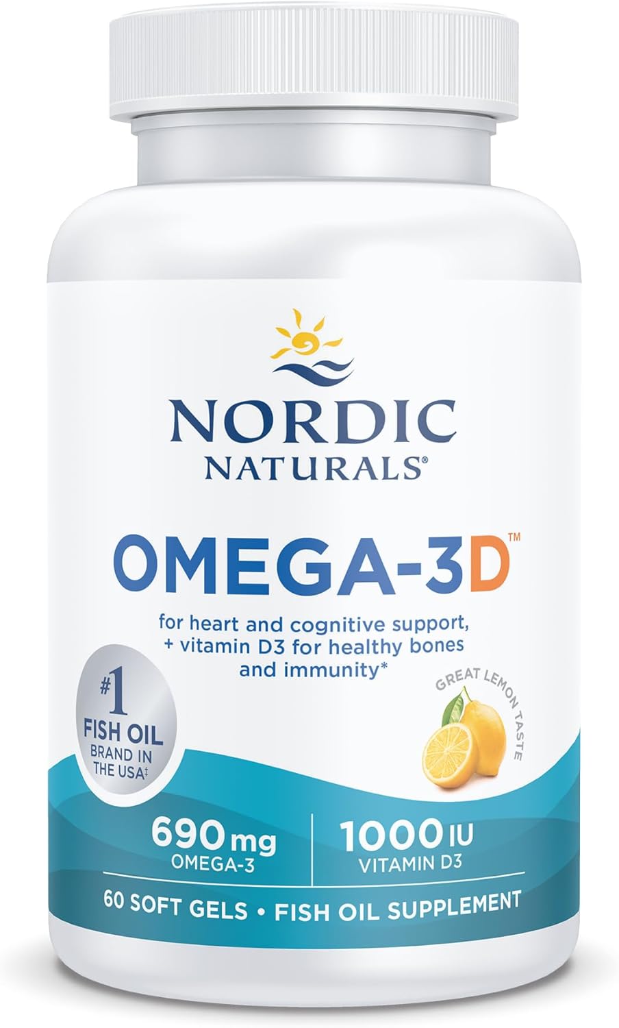 Nordic Naturals Omega-3D with Vitamin D3 bottle, lemon soft gels, 60 count.