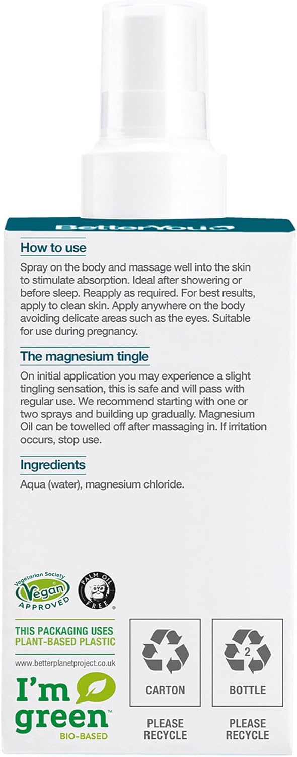 Back label of BetterYou Magnesium Oil Spray showing Zechstein source and ingredients.