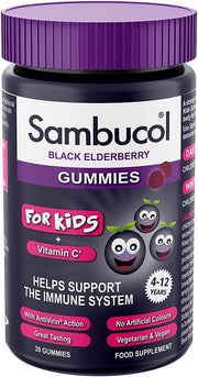 Sambucol Black Elderberry Gummies for kids with purple lid and black container.