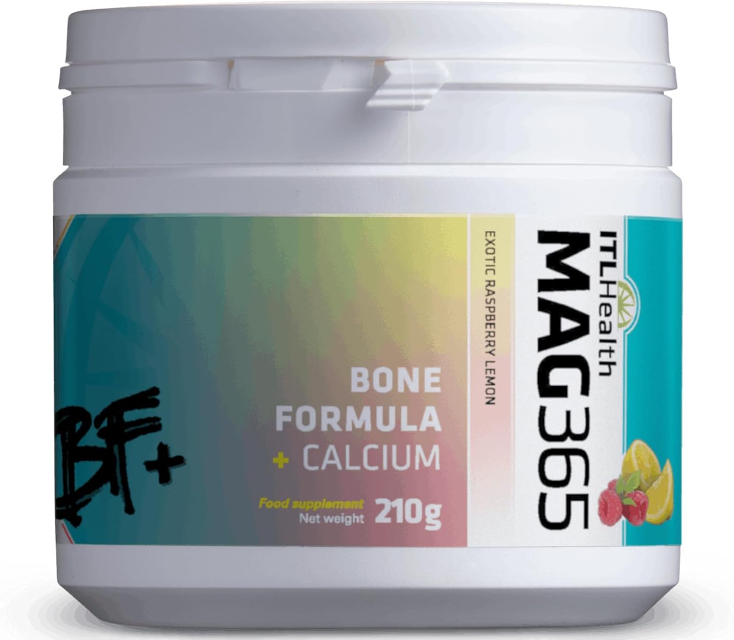 MAG365 BF Plus Calcium powder tub, raspberry lemon flavour, 210g.