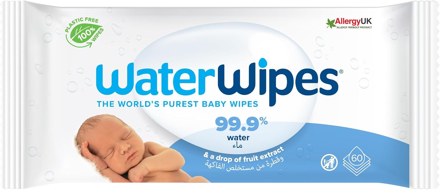 WaterWipes packaging with a baby and text about purity and ingredients.