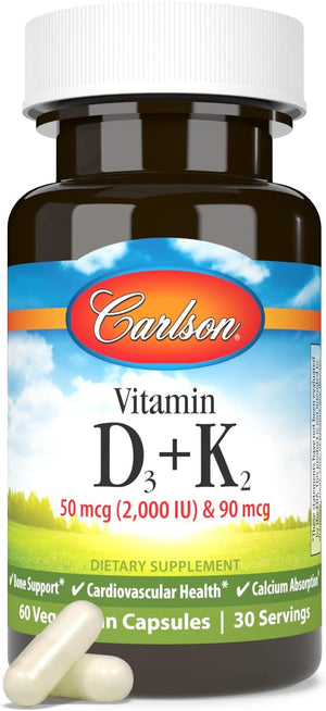 Front image: Carlson Vitamin D3 K2 MK7 capsules 2000 IU vegetarian bottle 60 count