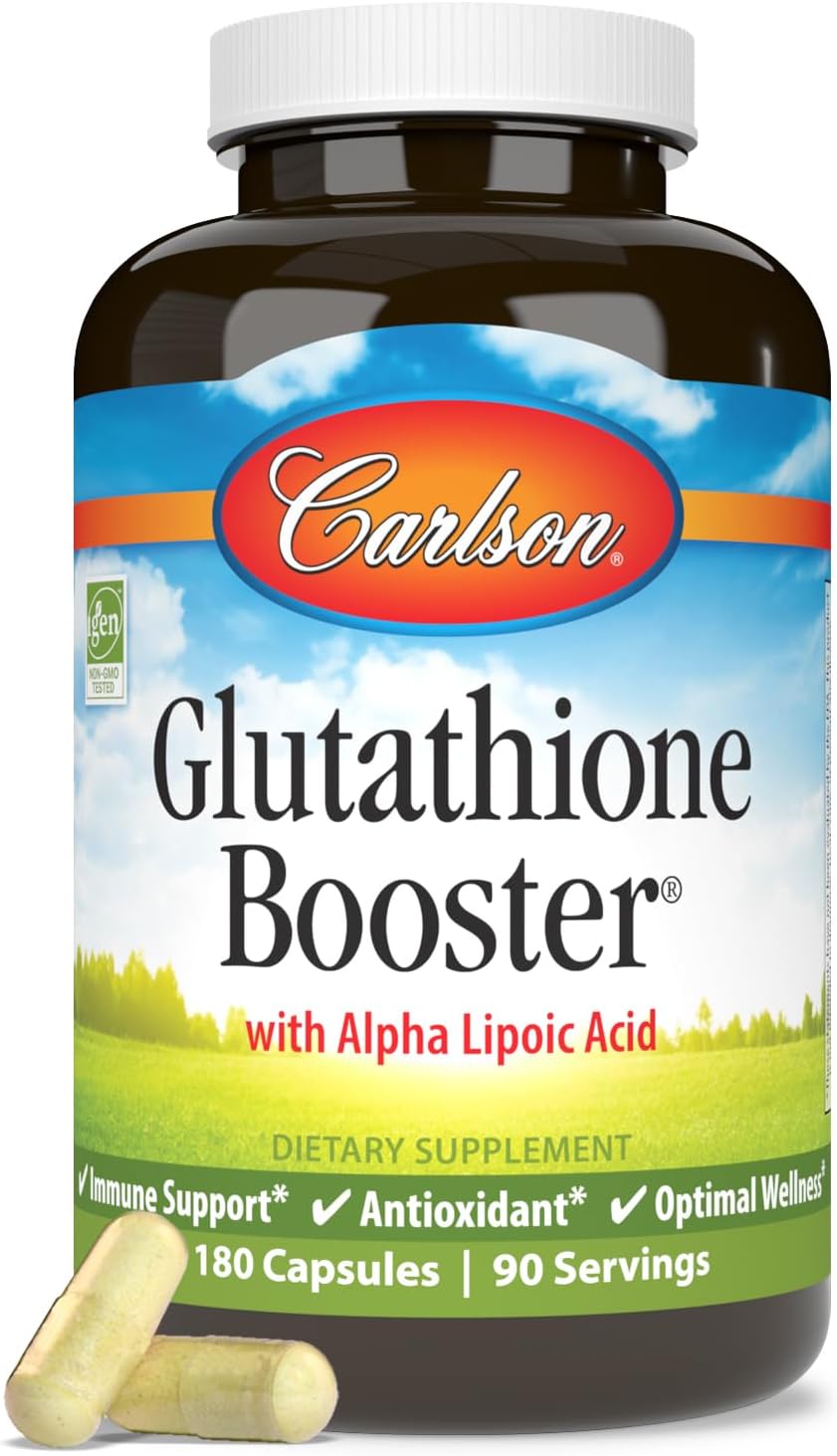 Front image: Carlson Glutathione Booster capsules antioxidant supplement bottle 180 count