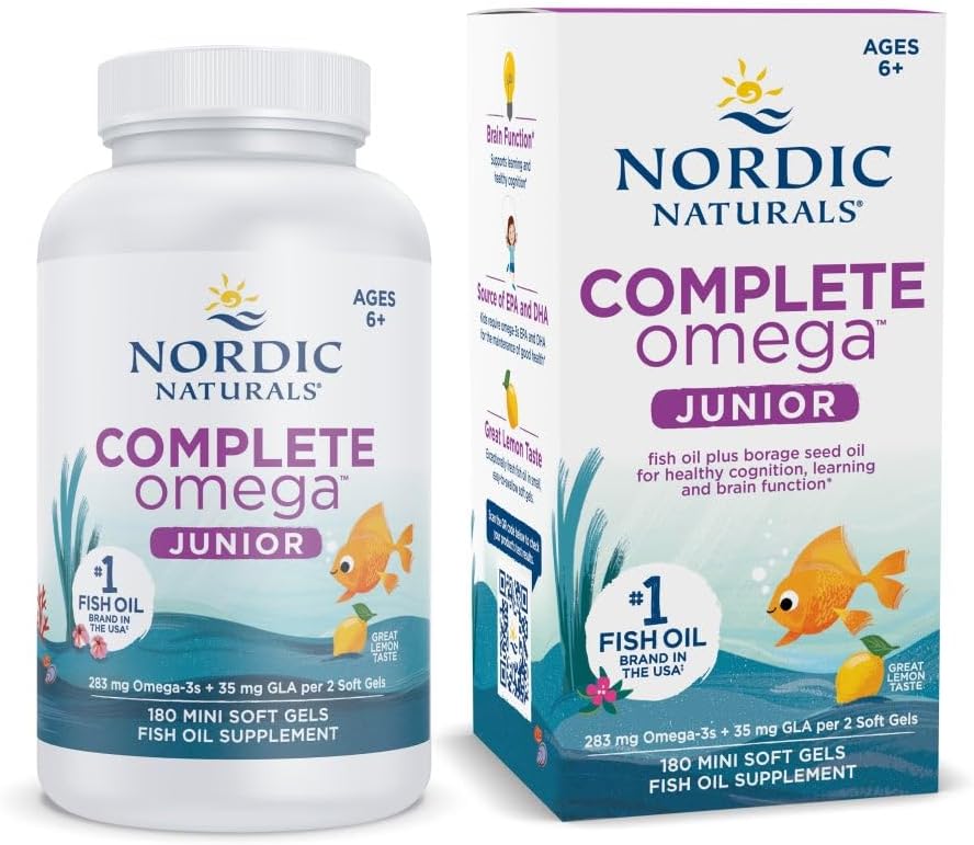 Nordic Naturals Complete Omega Jr. jar & box, lemon, 180 mini soft gels.