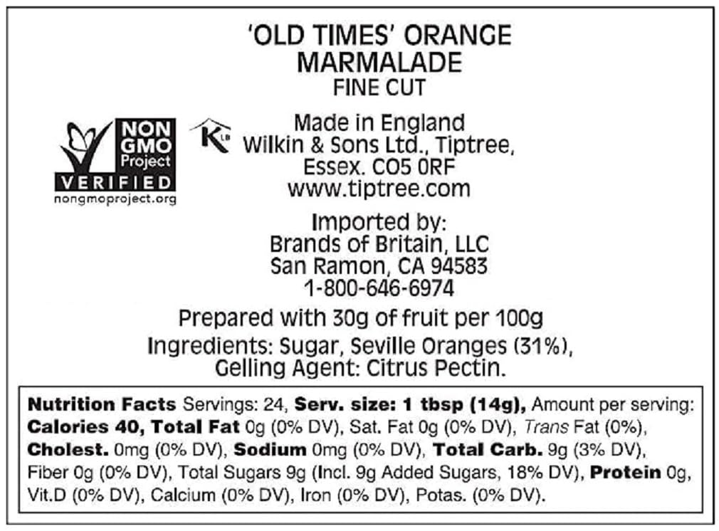 Tiptree Old Times Orange Marmalade Fine Cut ingredients label glass jar 908g