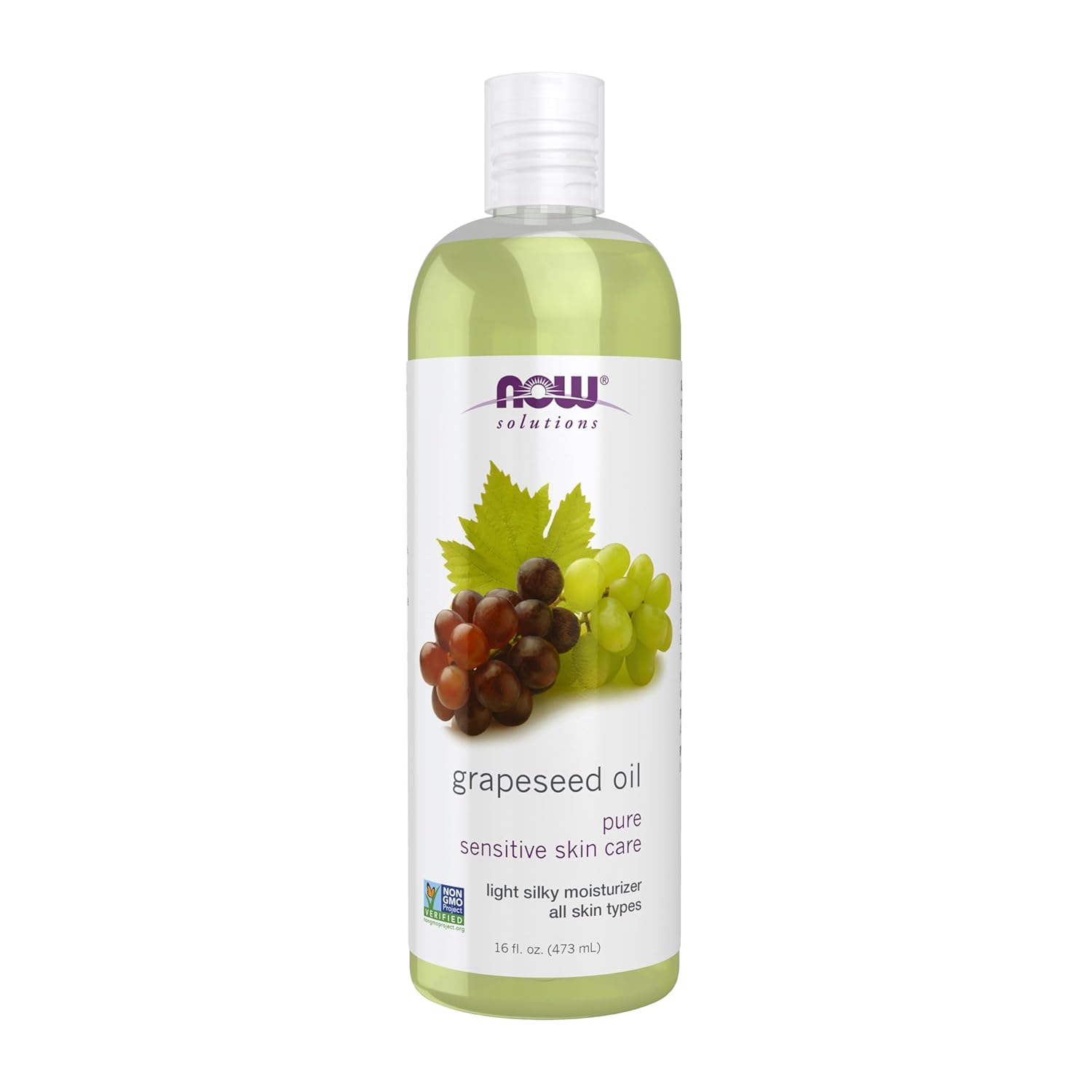 NOW Solutions 100% Pure Grapeseed Oil bottle, 473ml, on white background.