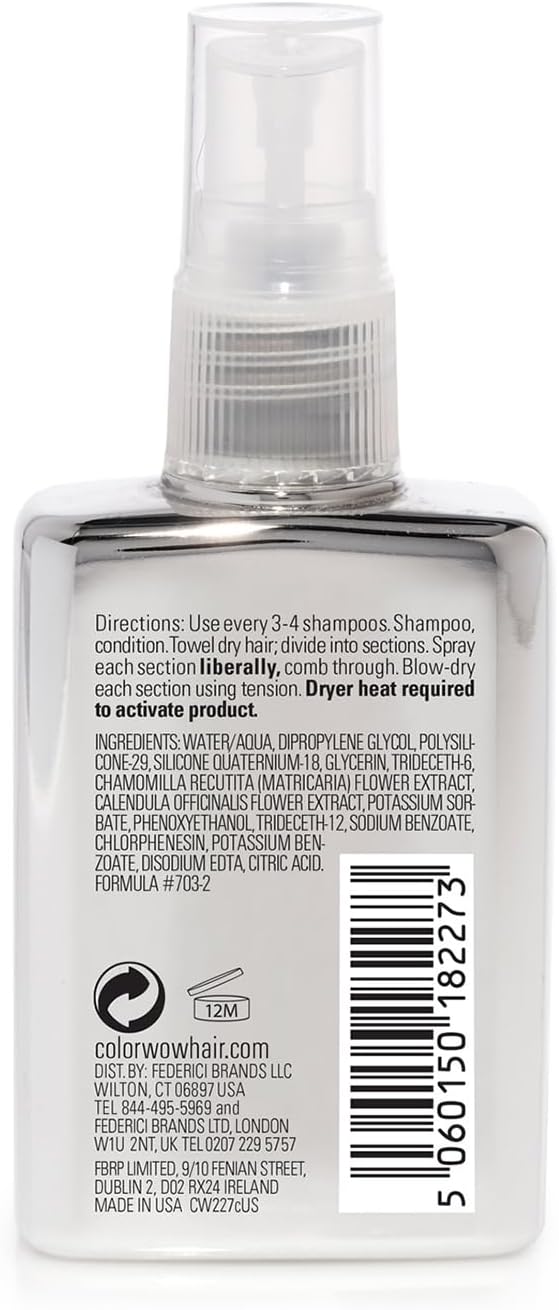 Back label of Color Wow Dream Coat Spray 50ml showing instructions & barcode.