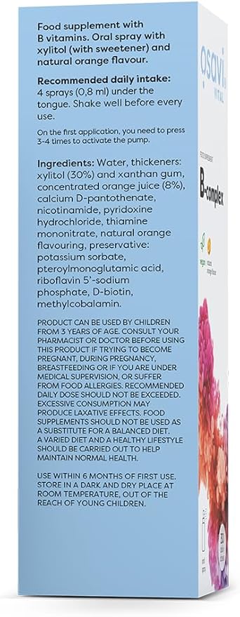 Supplement facts and directions for Osavi Vitamin B Complex spray.