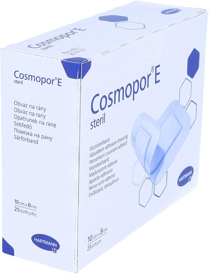 Cosmopor E Sterile Adhesive Dressings box, 10 cm x 8 cm, pack of 25, on white background.