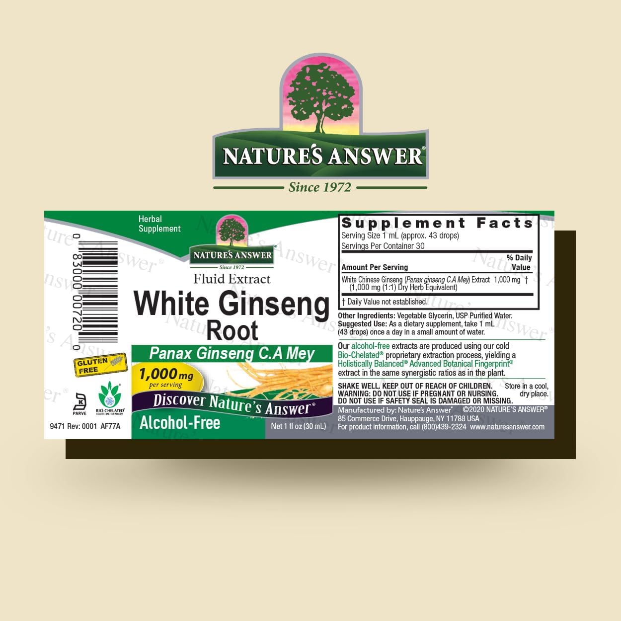 Natures Answer White Ginseng Root supplement label on a beige background
