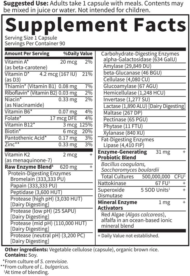 Ingredient list and supplement facts for women's digestive enzymes.