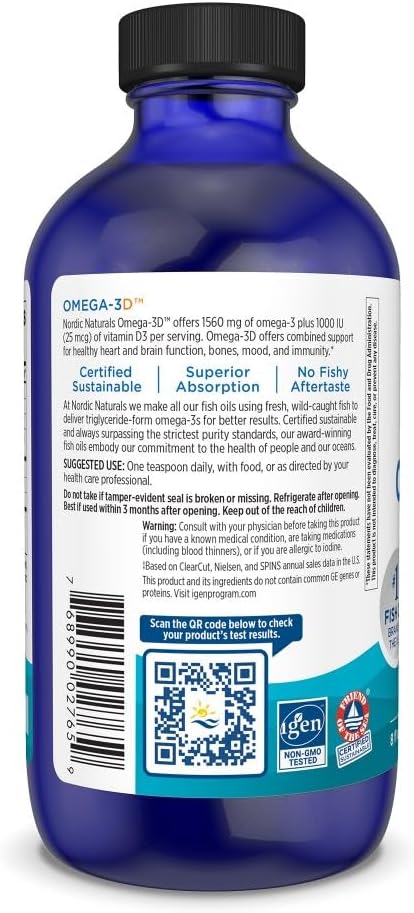 Barcode and product details for Nordic Naturals Omega-3D liquid.
