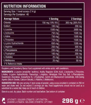 Supplement facts & ingredients image: XTEND EAA Amino Acids Powder Summer Fruits supplement facts ingredients tub powder 296g 40 servings