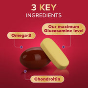 One red fish oil capsule and one gold glucosamine tablet from the pack.