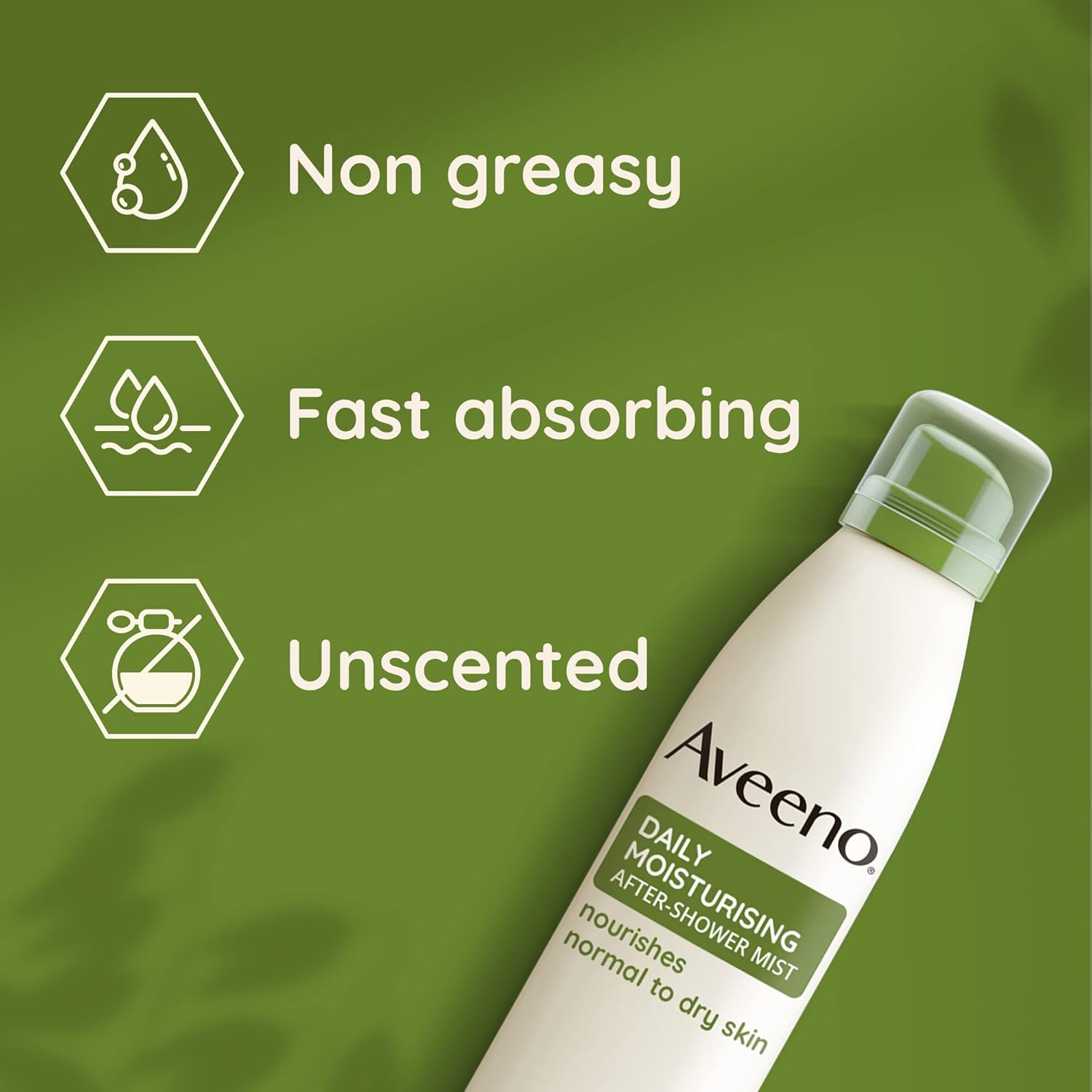 Aveeno Daily Moisturising After-Shower Mist spray can, 200ml, for sensitive skin.
