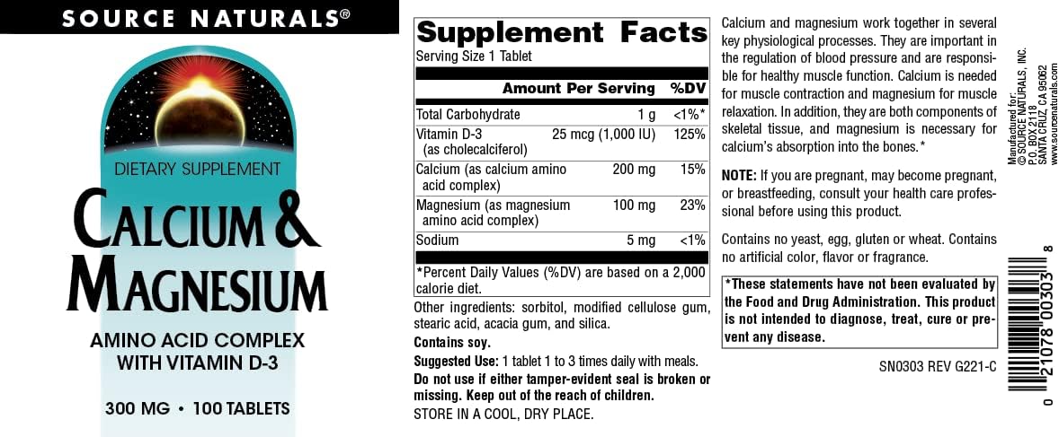 Source Naturals Calcium & Magnesium with Vitamin D3 - 100 Tablets label