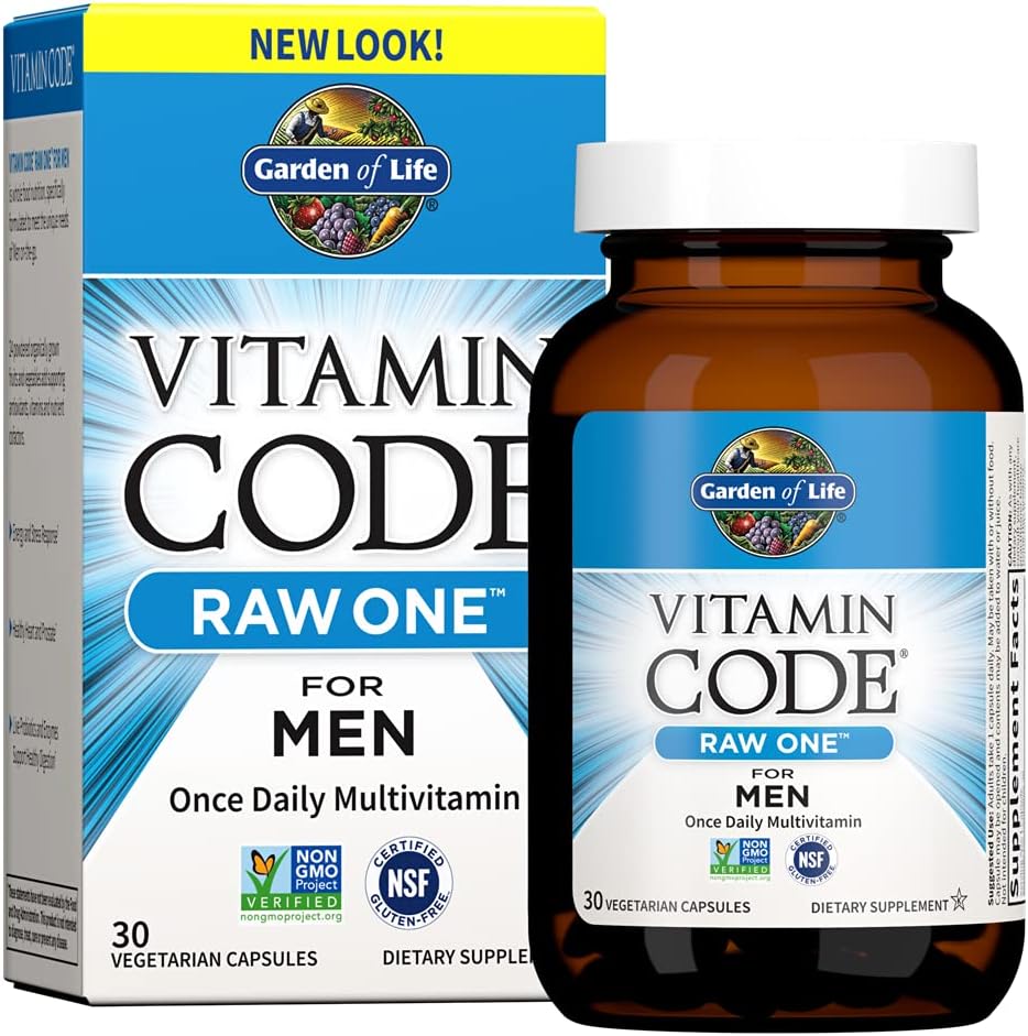 Garden of Life Vitamin Code Raw One for Men multivitamin bottle, 30-count vegetarian capsules.
