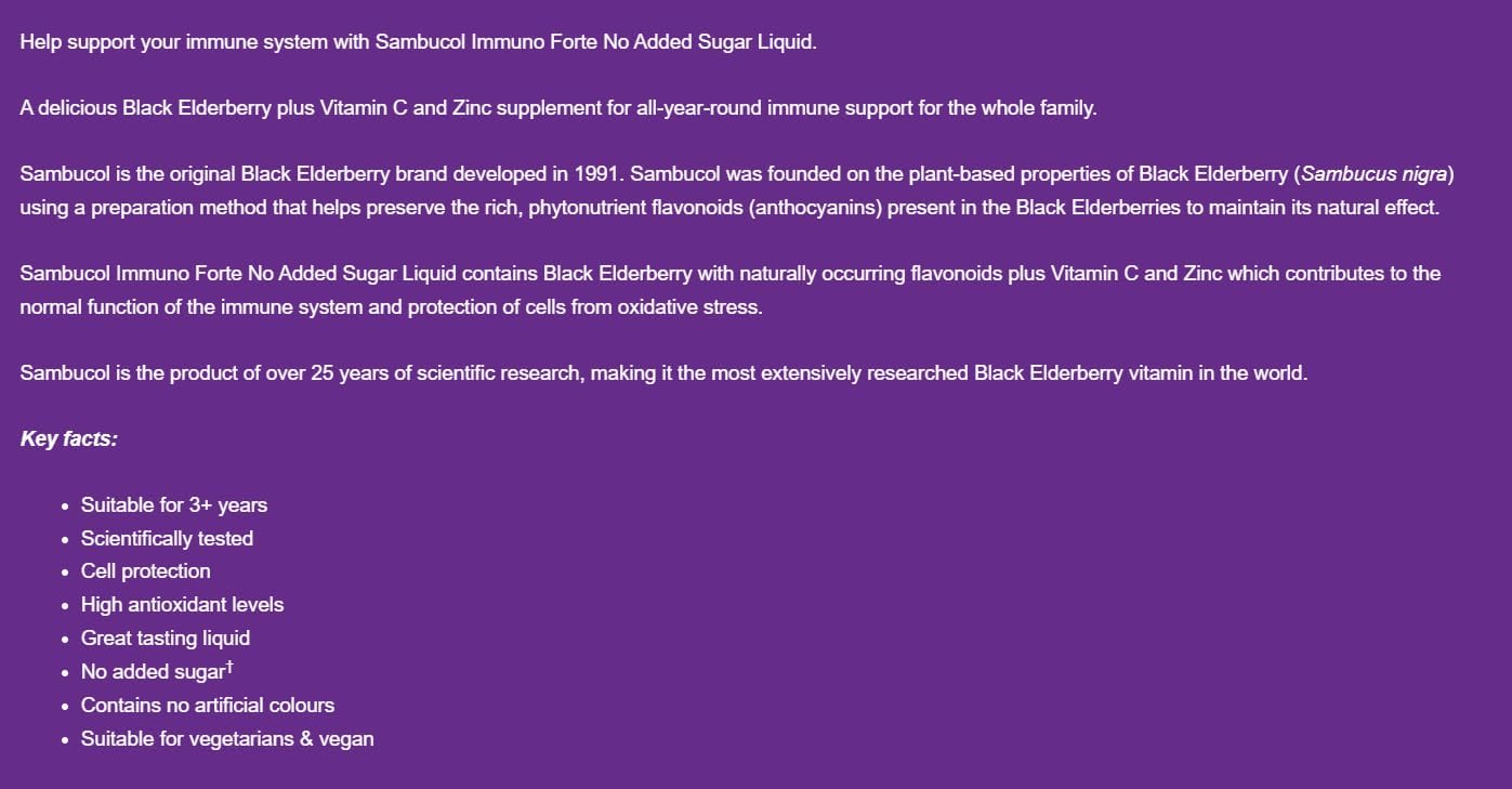 Product description text for Sambucus Immune Forte No Added Sugar Liquid on a purple background