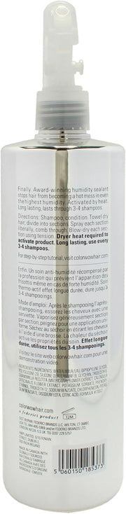 Back label of Color Wow Supernatural Spray showing instructions, ingredients and barcode.