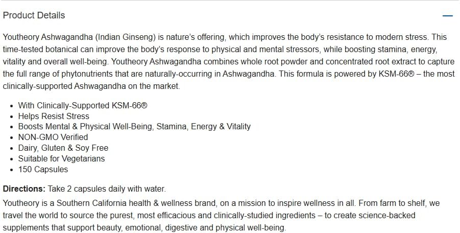Product details of Youthevery Ashwagandha on a white background