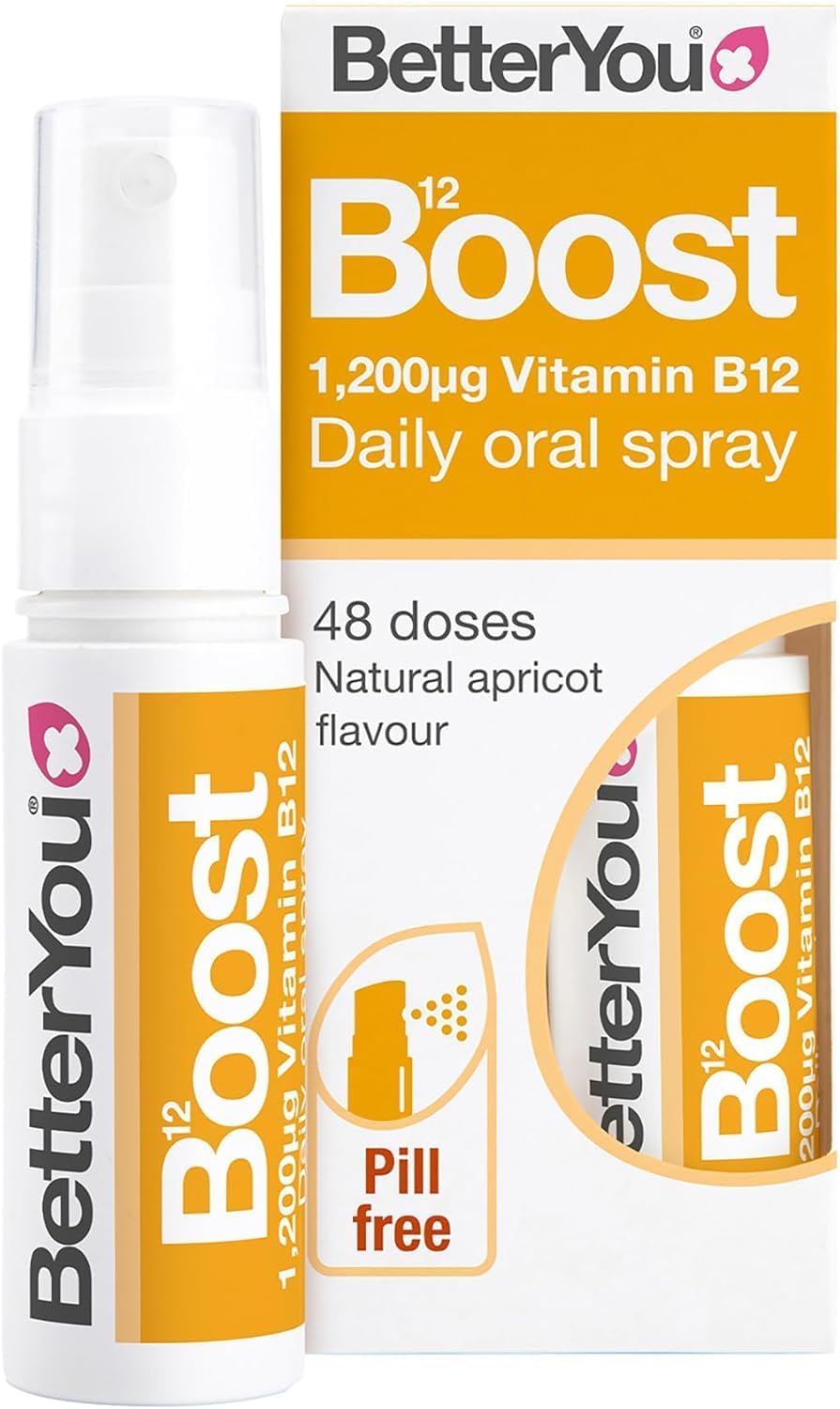 BetterYou Vitamin B12 Oral Spray bottle & box, apricot, 25ml.