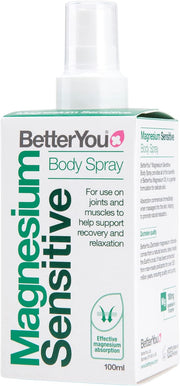 BetterYou Magnesium Sensitive Body Spray bottle, 100ml, vegan, on white background.

