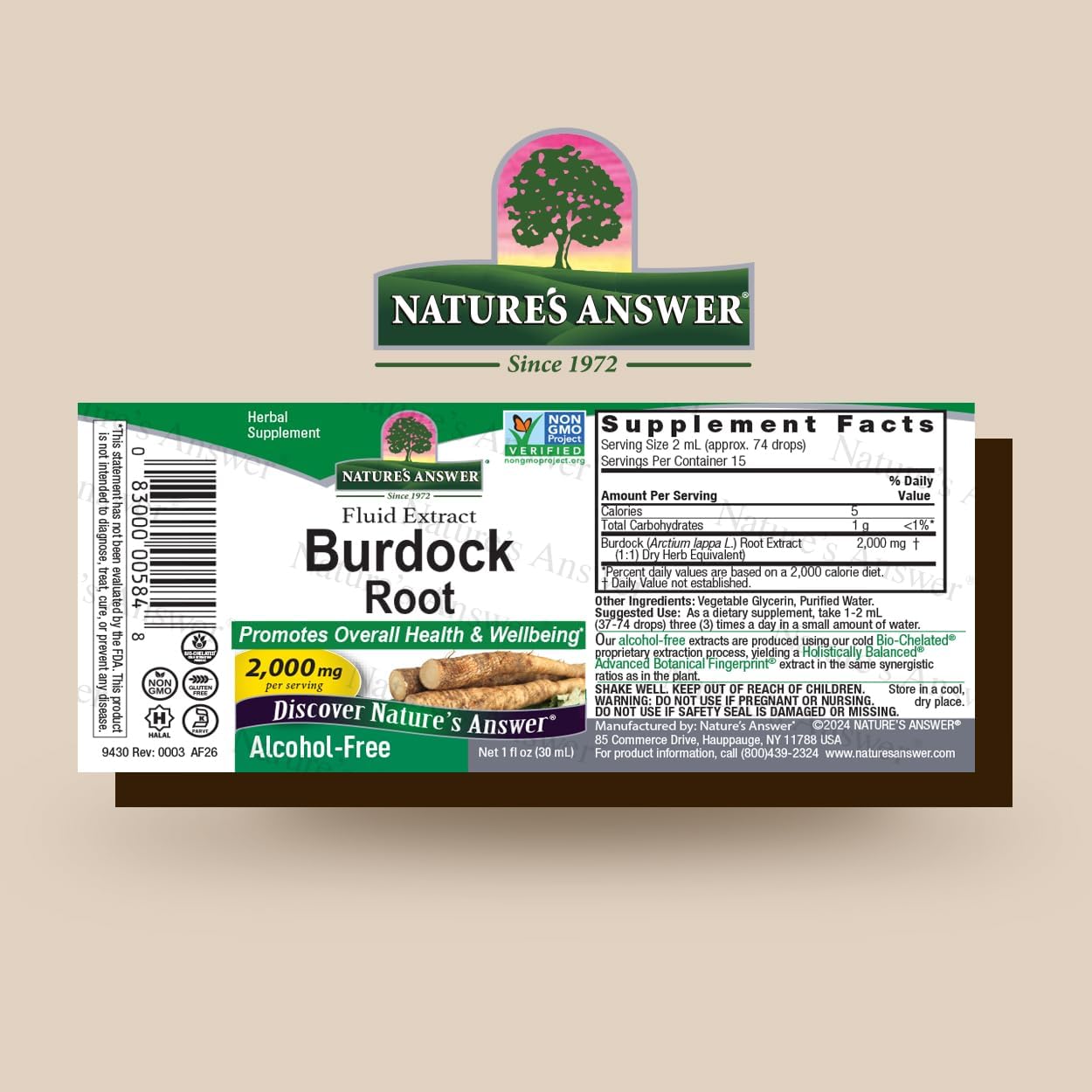 Nature's Answer Burdock Root supplement label on a beige background