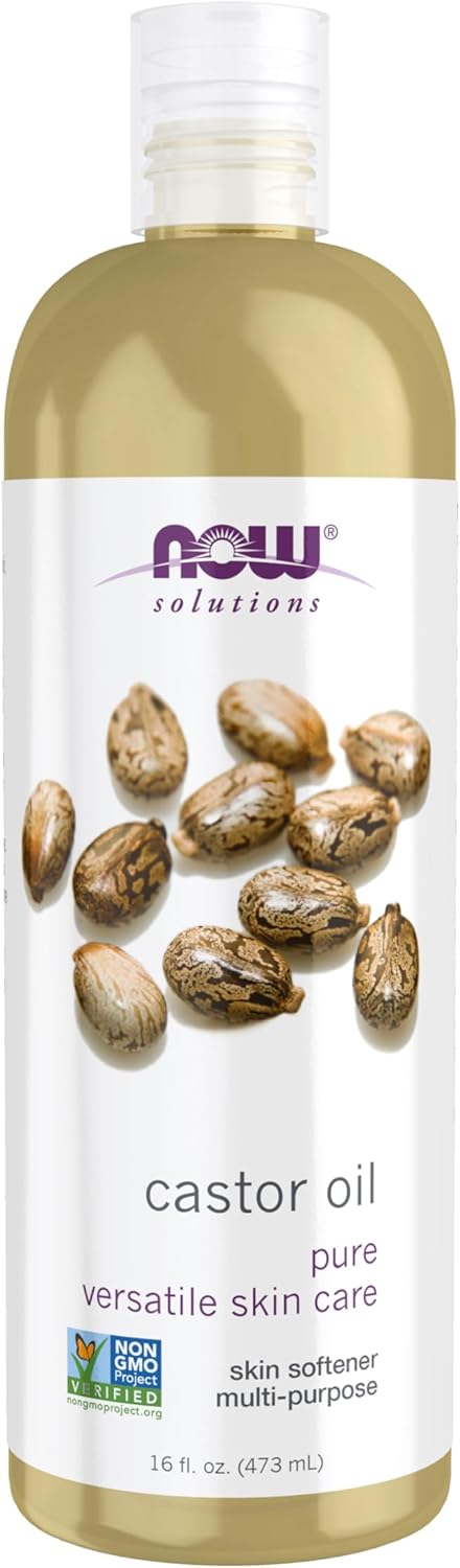 NOW Solutions 100% Pure Castor Oil bottle, 473ml, on white background.