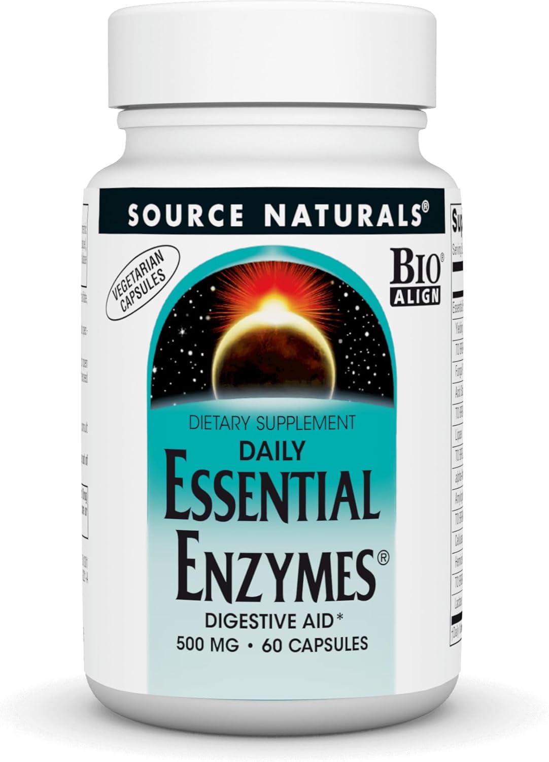 Front image: Source Naturals Essential Enzymes 500mg vegetarian capsules bottle 60 count