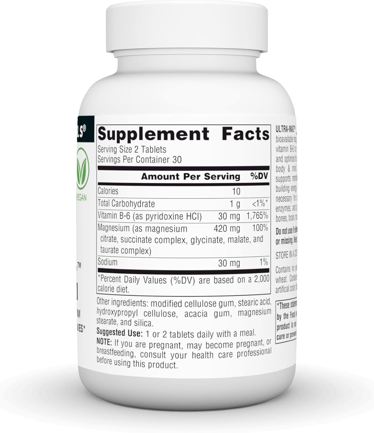 Supplement facts & ingredients image: Source Naturals Ultra-Mag 5 in 1 magnesium tablets ingredient panel bottle 60 count