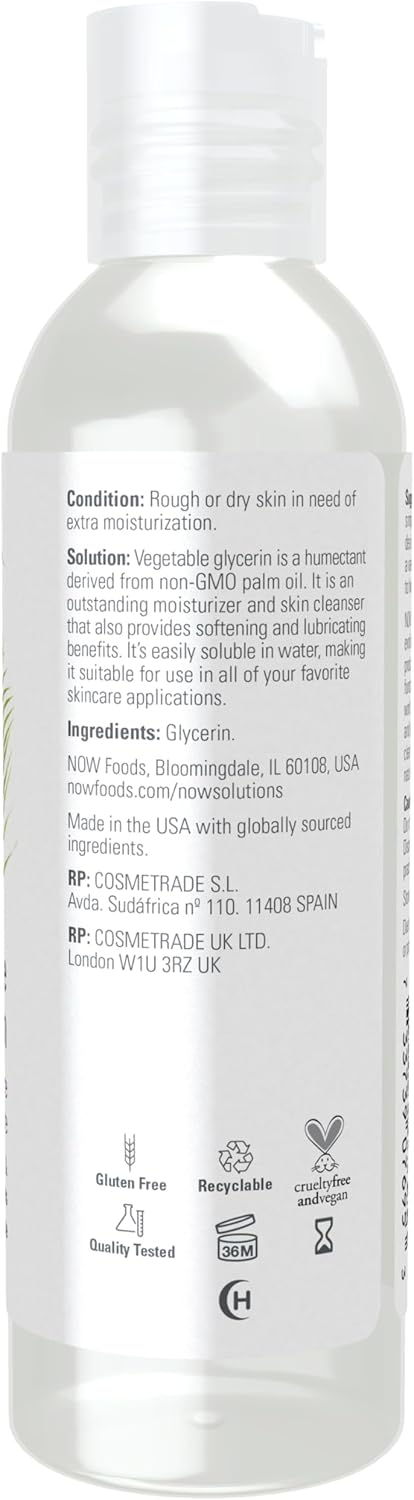 Supplement facts label and usage instructions for NOW Vegetable Glycerin.