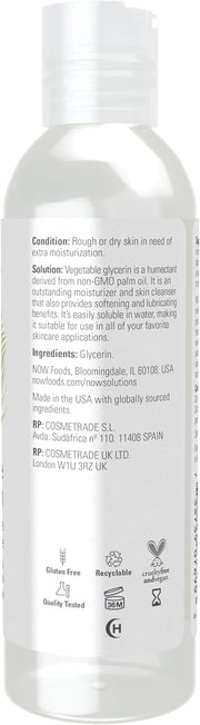 Supplement facts label and usage instructions for NOW Vegetable Glycerin.