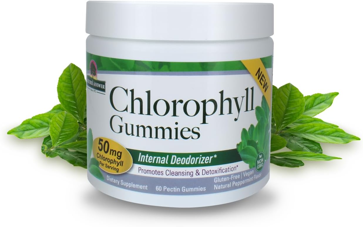 Nature’s Answer Chlorophyll gummies peppermint flavour 60 count tub front view on a white background