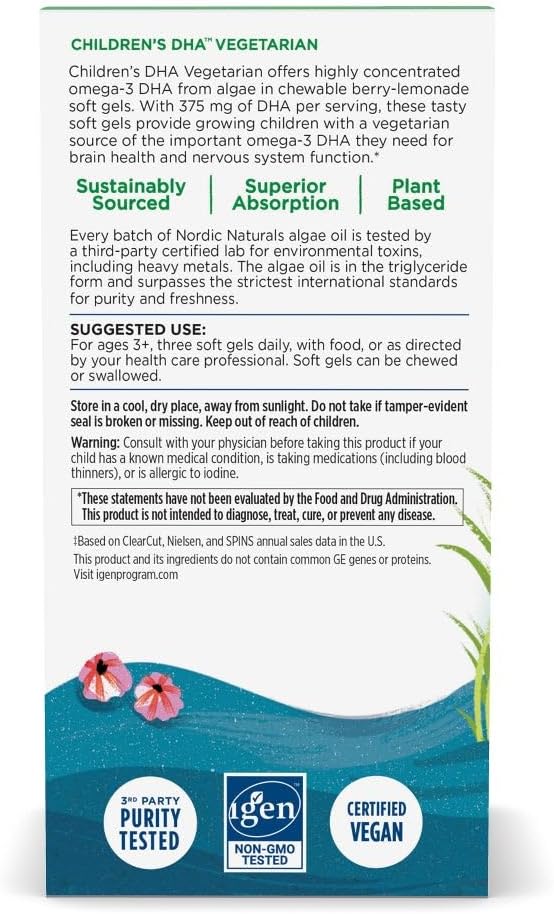 Supplement facts label for Nordic Naturals kids vegan DHA soft gels.