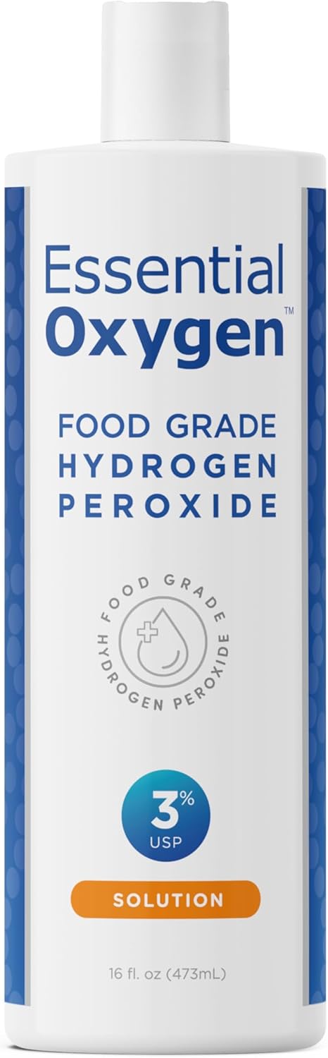 Essential Oxygen 3% Food Grade Hydrogen Peroxide bottle, 473ml, on white background.