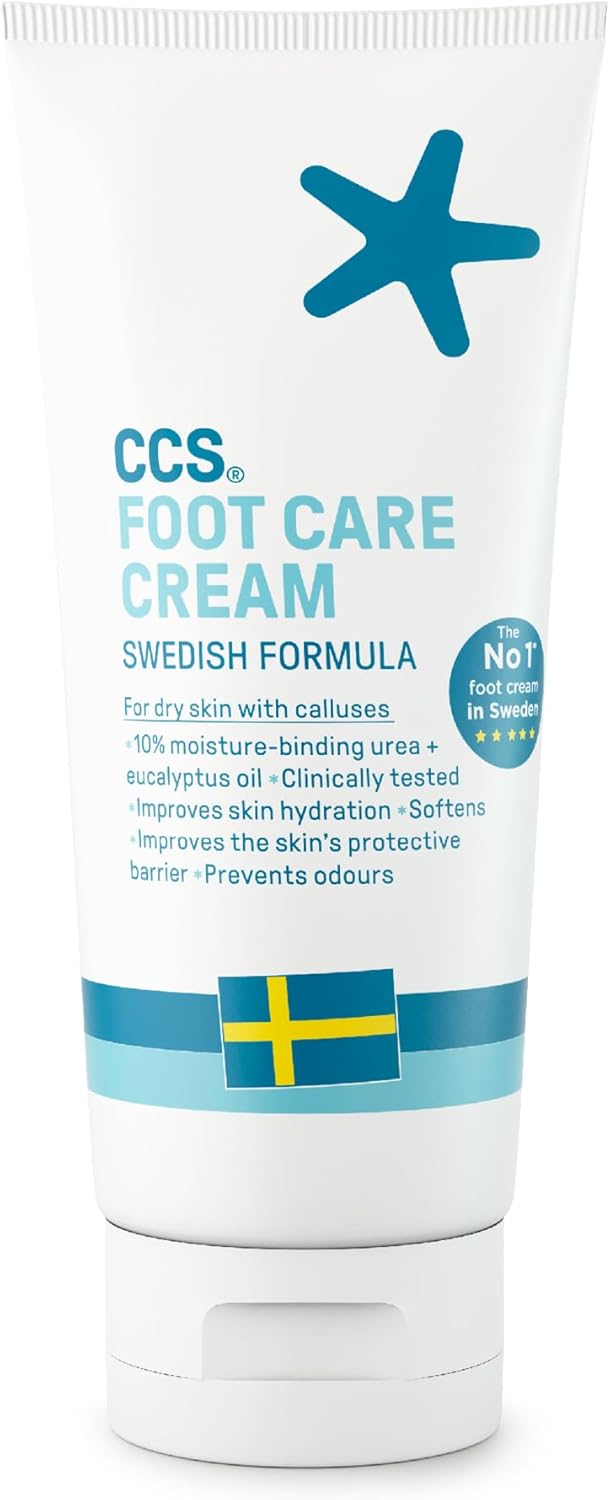 Tube of CCS Foot Care Cream with Swedish flag design on a white background