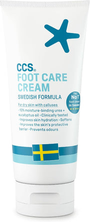 Tube of CCS Foot Care Cream with Swedish flag design on a white background