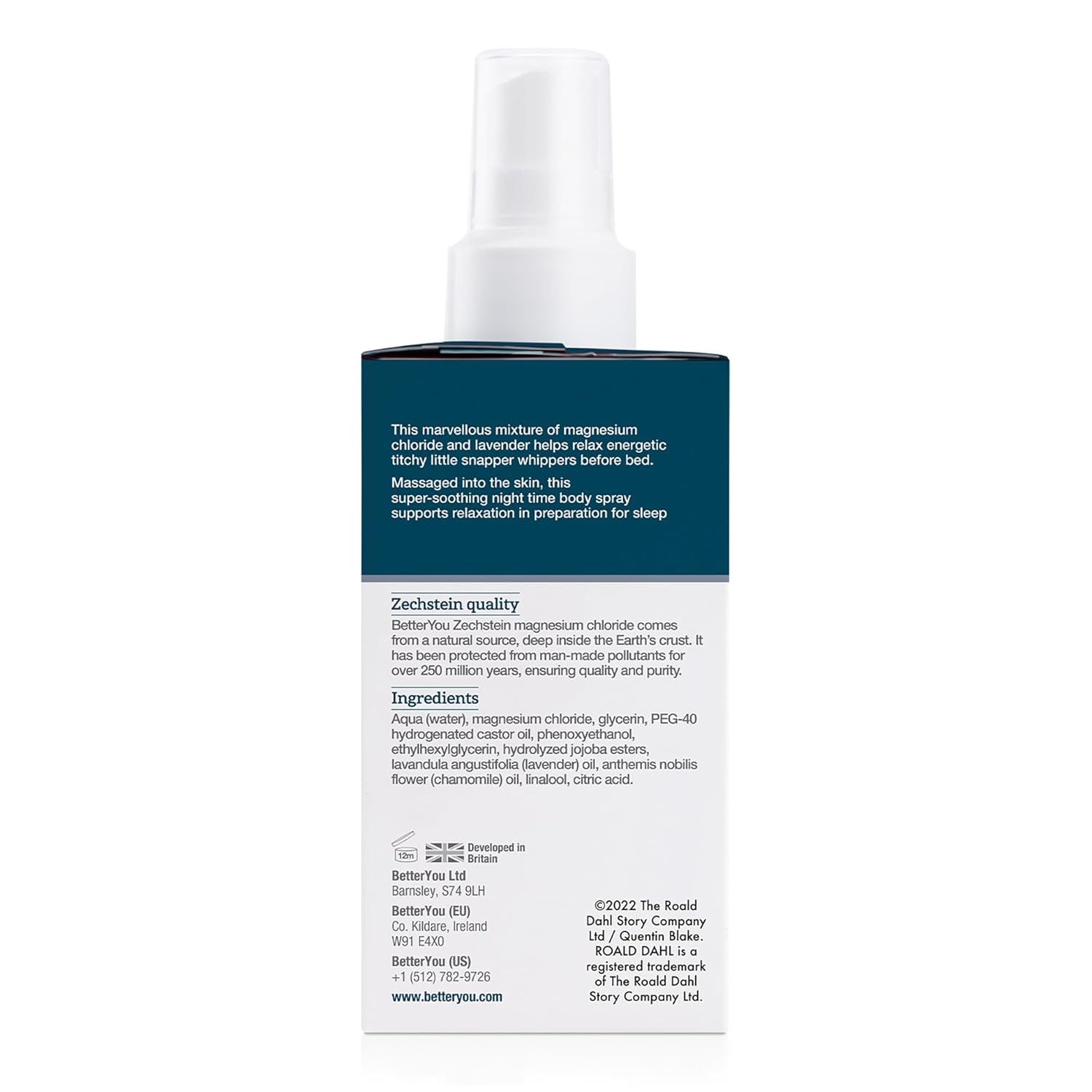 Back label of BetterYou Kids Spray showing ingredients and directions.