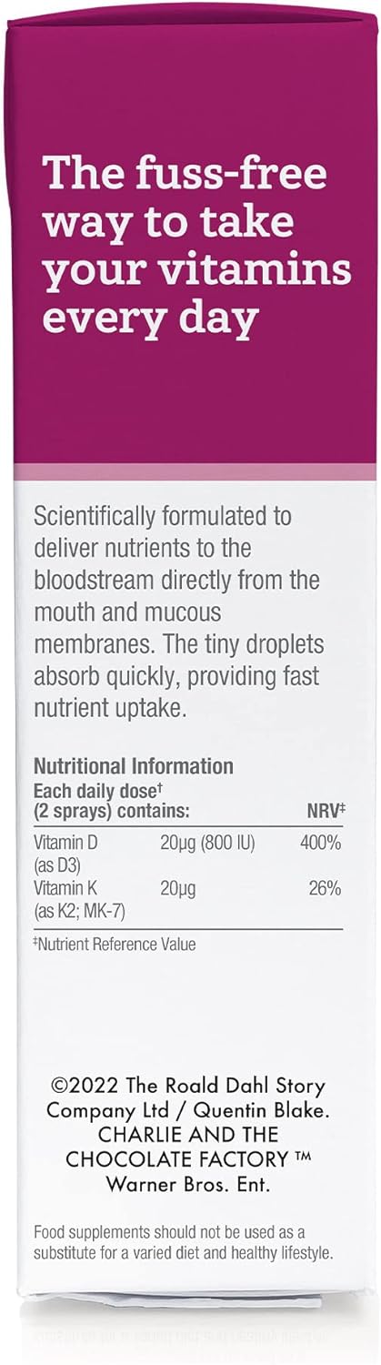 Supplement facts label for BetterYou Kids Vitamin D K2 Spray.