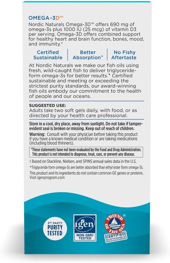 Ingredients and supplement facts label for Omega-3D with Vitamin D3.