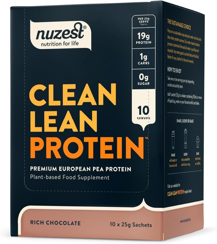 Box of Nuzest Clean Lean Vegan Protein Powder, Rich Chocolate flavour, showing 10 sachets.