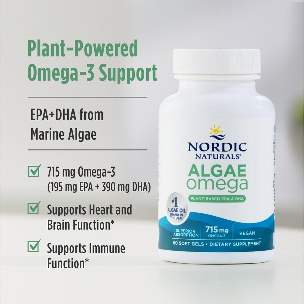 Nordic Naturals Algae Omega vegan softgel bottle - 60 softgels, white background.