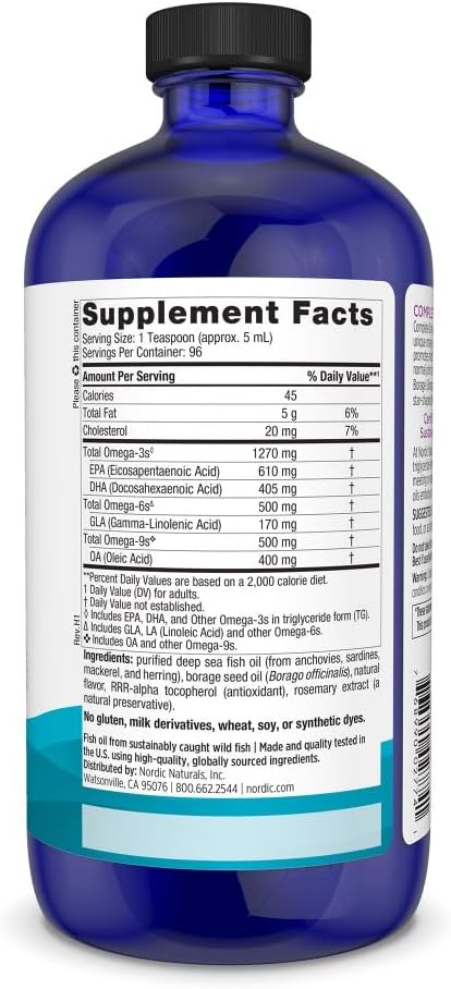 Supplement facts label for complete omega fatty acid liquid blend