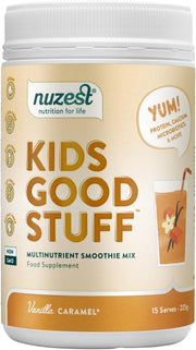 Nuzest Kids Good Stuff Vanilla Caramel Smoothie Mix tub, 225g.