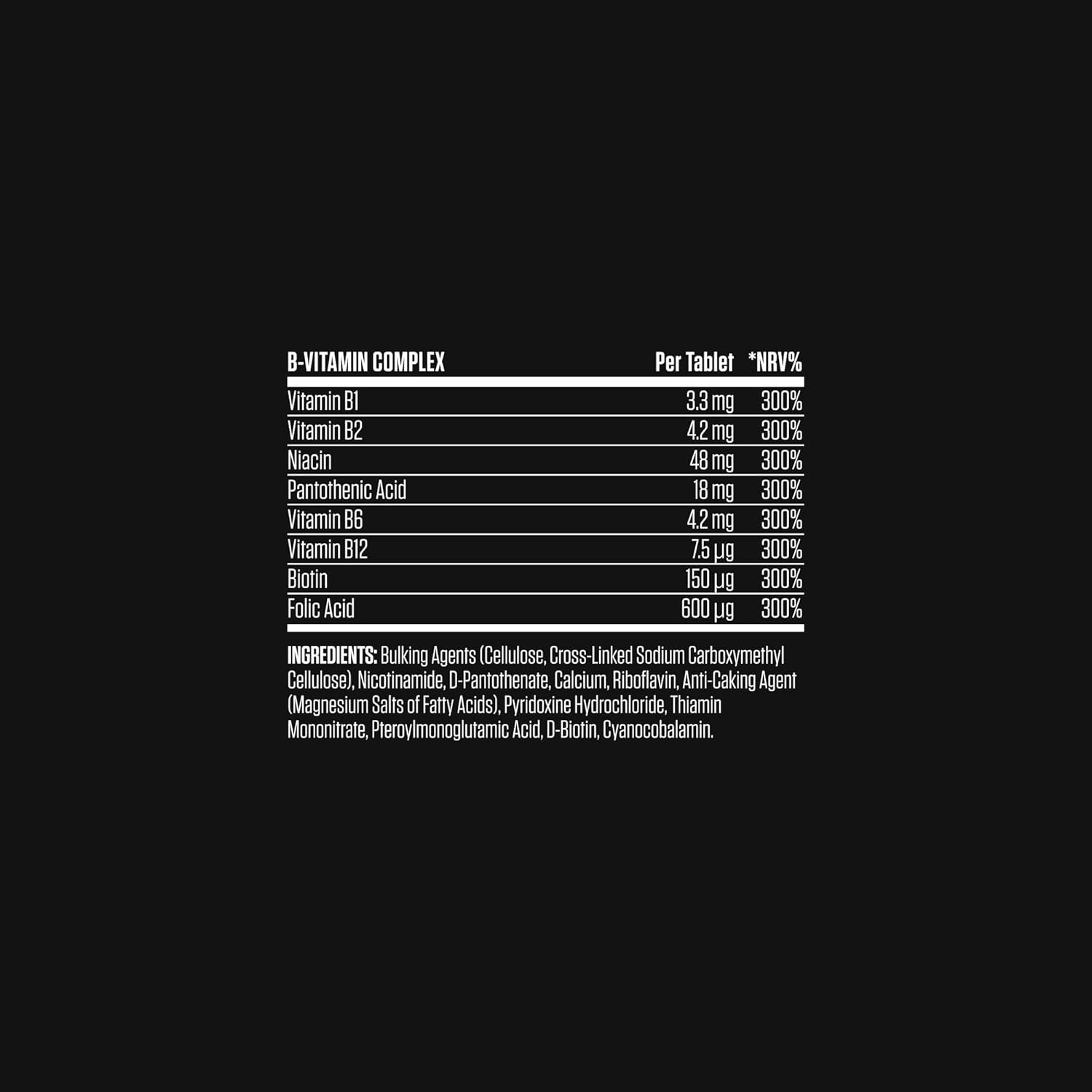 Nutritional information and ingredient list for a B-vitamin complex supplement on a black background.