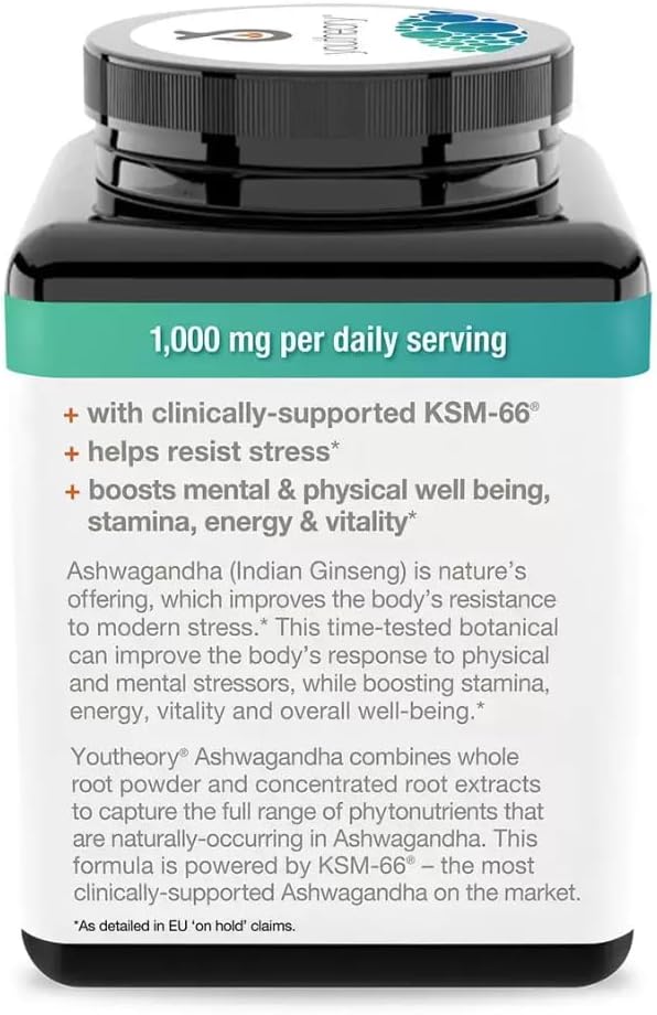 Supplement container with text about Ashwagandha and its benefits