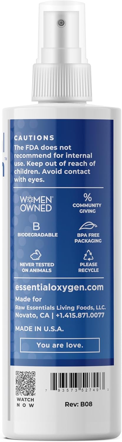 Essential Oxygen Hydrogen Peroxide spray showing ingredients and safety info.