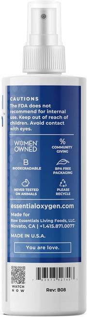 Essential Oxygen Hydrogen Peroxide spray showing ingredients and safety info.