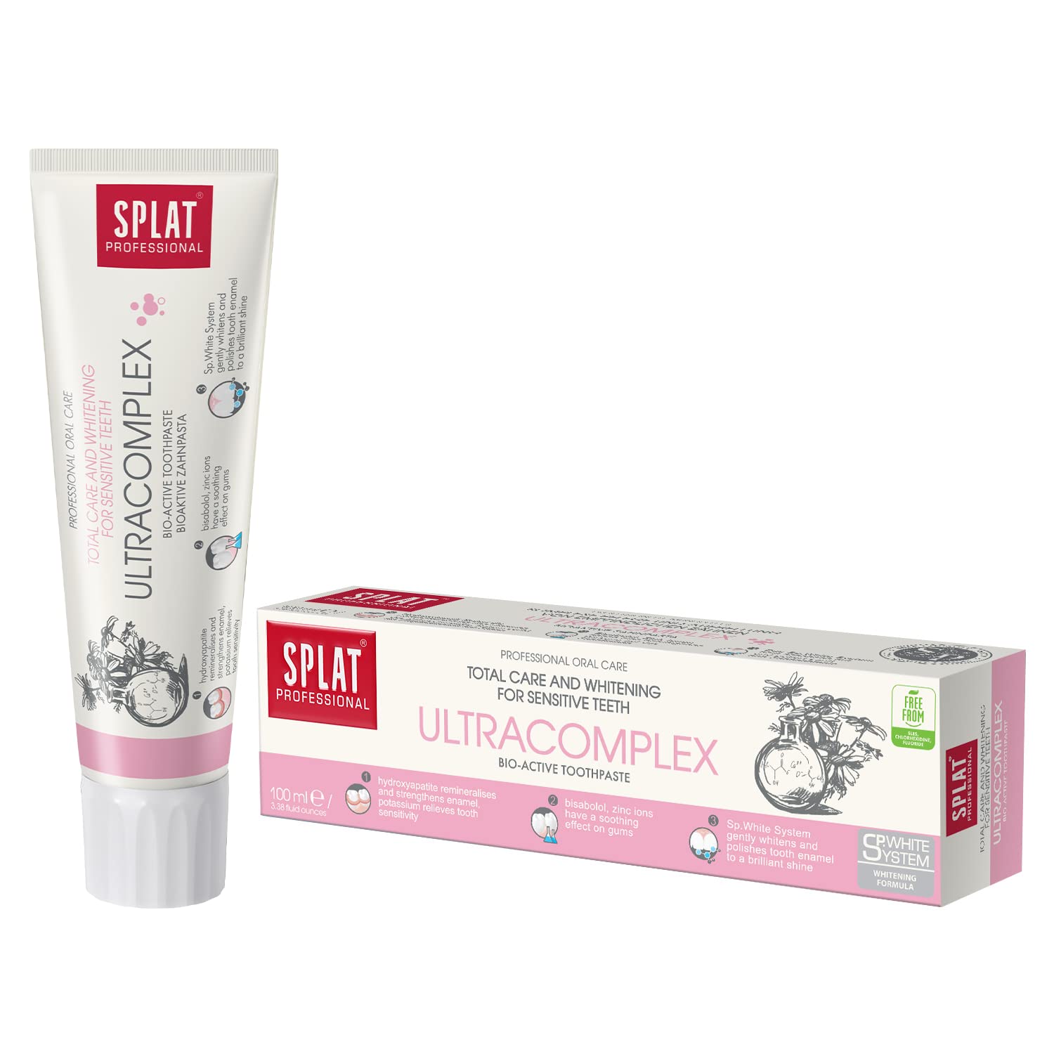 White and pink tube of SPLAT Professional Ultracomplex Toothpaste, 100ml