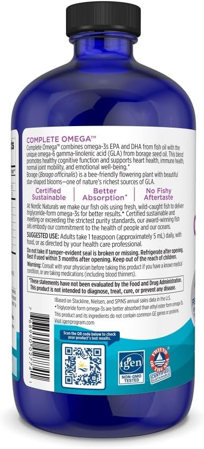 Supplement facts label for complete omega fatty acid liquid blend